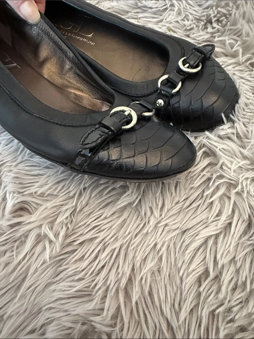 AGL Black Leather Ballet Flats with Textured Toe and Silver Buckle
